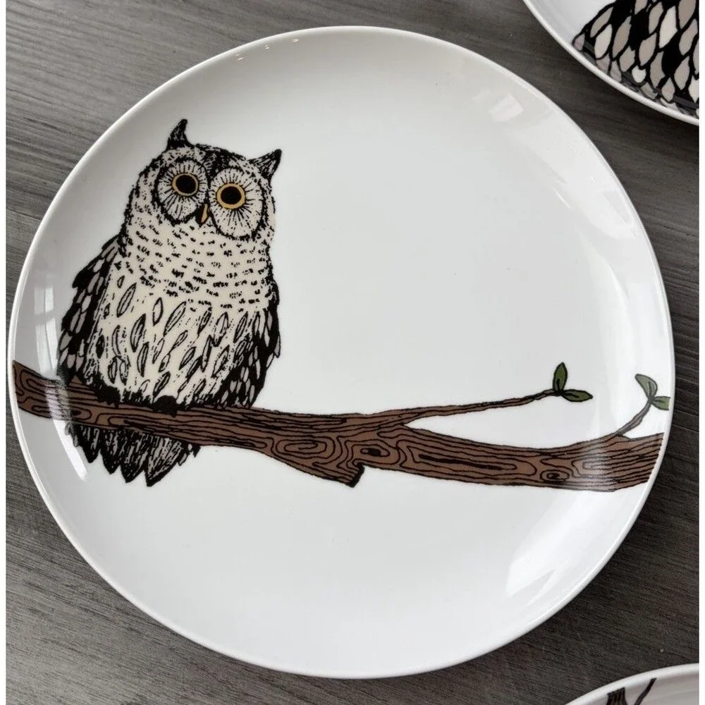 West Elm Owl Salad Plates Set of 4 Rachel Kozlowski Organic Porcelain Dessert